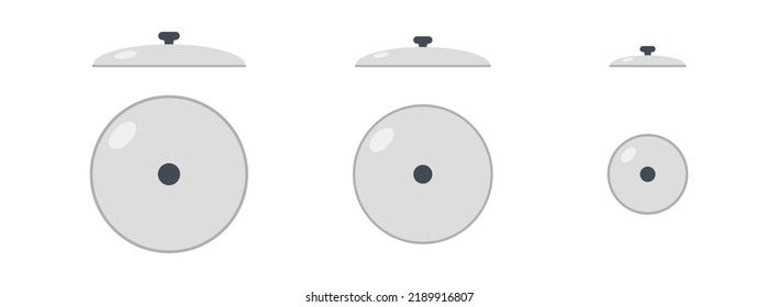 Set Of Pans And Pots Lids Clipart Vector Illustration. Glass Lid For Frying Pan, Cooking Pot Sign Flat Vector Design. Pan Lid And Pot Lid Web Icon. Side View And Top View. Kitchen Concept