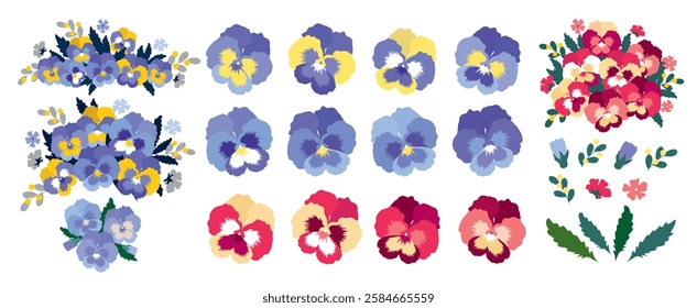 A set of pansies flowers - inflorescences, buds, leaves, bouquets.  A collection of illustrations of Pansy in various colors. Illustrated vector clipart.