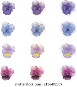 Set of pansy flowers in a watercolor style. Floral objects on white and colored background for postcards and invitations. All objects are isolated	
