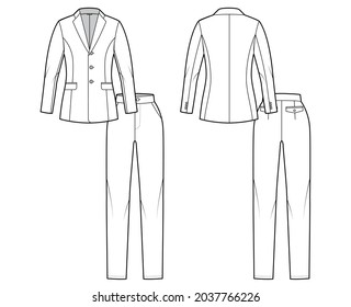 Set of pant Suit - classic women jacket technical fashion illustration with two - pieces, single breasted, fitted body. Flat apparel template front, back, white color style. Men, unisex CAD mockup
