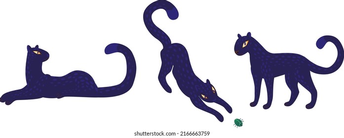 Set of panthers with leaves. Wild cat vector illustration. Funny animal characters. 