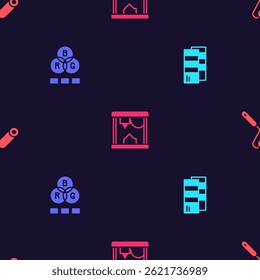 Set Pantone, RGB color mixing, 3D printer and Paint roller brush on seamless pattern. Vector