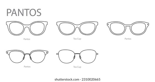 Set of Pantos frame glasses fashion accessory illustration. Sunglass front view for Men, women, unisex silhouette style, flat rim spectacles eyeglasses with lens sketch style outline isolated on white