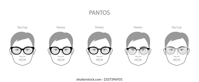 Set of Pantos frame glasses on men face character fashion accessory illustration. Sunglass front view unisex silhouette style, flat rim spectacles eyeglasses with lens style outline isolated on white