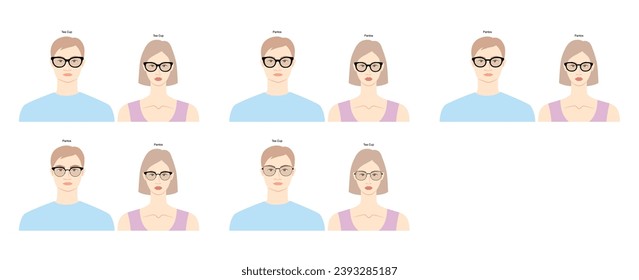 Set of Pantos frame glasses on women and men flat character fashion accessory illustration. Sunglass front view unisex silhouette style, spectacles eyeglasses with lens sketch style outline isolated