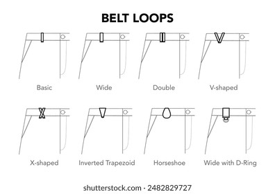 Set of Pants Belt Loops details - Basic, Wide, Double, V X shaped styles technical fashion illustration. Flat apparel template front view. Women, men unisex CAD mockup isolated on white background