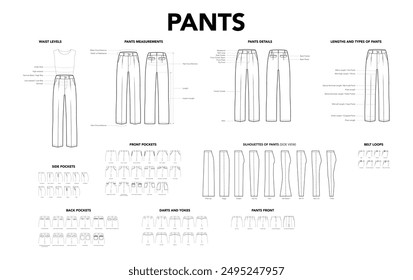 Set of Pants details - Measurement, Length, Waistline, Belt Loops, Darts Yokes Silhouette and Pockets styles technical fashion illustration. Flat apparel template. Women men unisex CAD mockup isolated