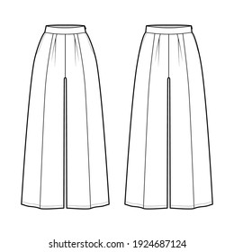 Set of Pants gaucho technical fashion illustration with low normal waist, high rise, single pleat, ankle cropped length. Flat trousers apparel template white color. Women, men, unisex CAD mockup