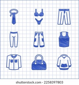 Set Pants, Handbag, Hoodie, Undershirt, Shirt, Leggings,  and Tie icon. Vector