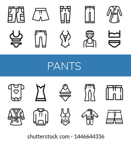 Set of pants icons such as Shorts, Swimsuit, Trousers, Boxer, Bathrobe, Underwear, Baby clothes, Nightgown, Hoodie, Jeans, Clothes, Short , pants