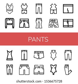 Set of pants icons. Such as Swimsuit, Sweatshirt, Clothes, Swimming trunks, Jeans, Underpants, Shorts, Nightgown, Trousers, Short , pants icons