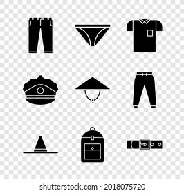 Set Pants, Men Underpants, Polo Shirt, Gardener Worker Hat, Backpack, Leather Belt, Police Cap With Cockade And Asian Conical Icon. Vector