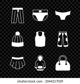 Set Pants, Men underpants, Skirt, Hoodie, Handbag, Winter hat and Undershirt icon. Vector