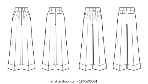 Conjunto de ilustraciones técnicas de moda a medida de Pants oxford con cintura baja normal, alta altura, soltero doble pleat. Plantilla de ropa de pantalones planos frontal, de color dorado blanco. Hombres mujeres unisex maquillaje CAD