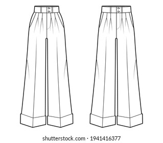 Set of Pants oxford tailored technical fashion illustration with normal low waist, high rise, single double pleat. Flat trousers apparel template front, white color. Women men unisex CAD mockup