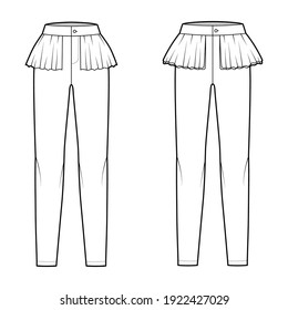 Set of Pants peplum technical fashion illustration with extended normal low waist, high rise, full length, frilled skirt. Flat bottom trousers apparel template front, white color. Women CAD mockup