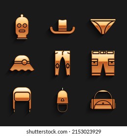 Set Pants, Police cap with cockade, Sport bag, Short pants, Winter hat ear flaps, Elegant women, Men underpants and Balaclava icon. Vector