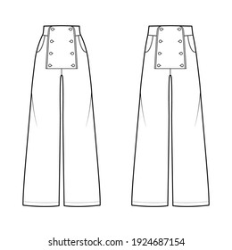 Set of Pants sailor technical fashion illustration with low normal low waist, high rise, full length, pockets, front buttons. Flat trousers apparel template, white color. Women, men, unisex CAD mockup