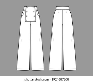 Set of Pants sailor technical fashion illustration with normal waist, high rise, full length, pockets, front buttons. Flat trousers bottom apparel template back, white color. Women, men, unisex CAD