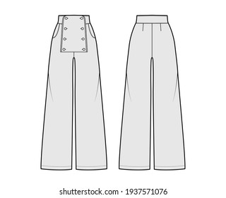 Set of Pants sailor technical fashion illustration with normal waist, high rise, full length, pockets, front buttons. Flat trousers bottom apparel template back, grey color. Women, men, unisex CAD