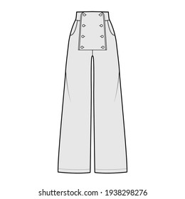 Set von Pants Sailor technische Mode Illustration mit normaler Taille, hohen Aufstieg, volle Länge, Taschen, Vorderknöpfe. Flache Hosen unten Bekleidungsvorlage graue Farbe. Frauen, Männer, unisex CAD