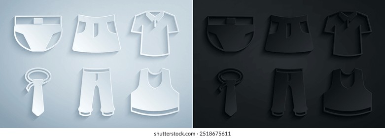 Conjunto Pantalones, camisa, corbata, camiseta, falda y el icono de calzoncillos de los hombres. Vector