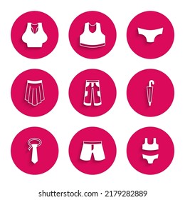 Set Pants, Short or pants, Swimsuit, Umbrella, Tie, Skirt, Men underpants and Undershirt icon. Vector