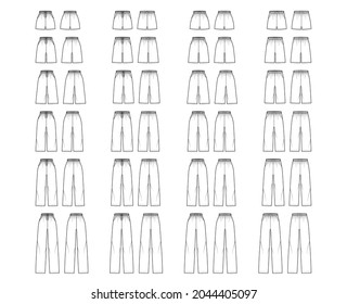 Set of Pants, shorts Pull-On Sport training technical fashion illustration with drawstrings, mini midi knee full ankle length. Flat bottom template front, back white color. Women men unisex CAD mockup