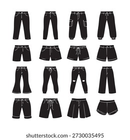 Conjunto de Ilustración vectorial de silueta de pantalones, incluye diferentes estilos, perfectos para la moda, diseño de prendas de vestir, comercio electrónico, proyectos de ropa y obras de arte creativas.