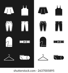 Set Pants, Skirt, Sleeveless T-shirt, Christmas mitten, Leather belt, Sport socks and Hanger wardrobe icon. Vector