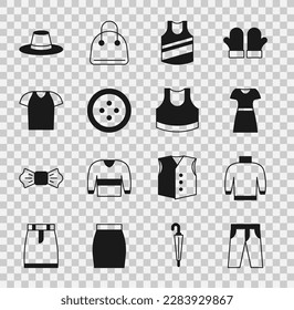 Set Pants, Sweater, Woman dress, Undershirt, Sewing button for clothes, T-shirt, Man hat and Female crop top icon. Vector