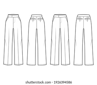 Set of Pants tailored technical fashion illustration with extended normal low waist, high rise, full length. Flat casual bottom apparel template front, back, white color. Women men unisex CAD mockup