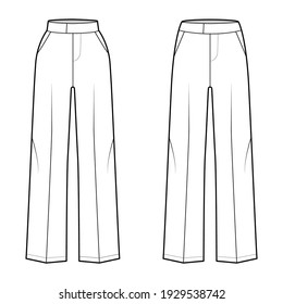 Set of Pants tailored technical fashion illustration with extended normal low waist, high rise, full length. Flat casual bottom trousers apparel template front white color. 