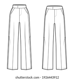 Set of Pants tuxedo technical fashion illustration with extended low normal waist, rise, full length, side satin stripe. Flat trousers bottom apparel template white color. Women, men unisex CAD mockup