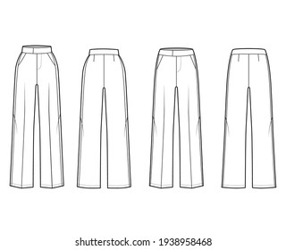 Set of Pants tuxedo technical fashion illustration with extended low normal waist, high rise, slant pockets, side stripe. Flat bottom apparel template back, white color. Women, men, unisex CAD mockup