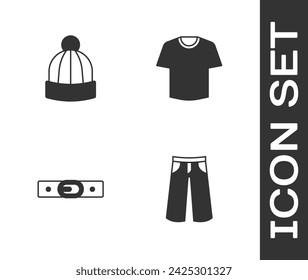 Set Pants, Winter hat, Belt and T-shirt icon. Vector