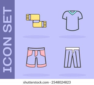 Conjunto de pantalones, bufanda de invierno, pantalones cortos o pantalones e icono de camiseta. Vector