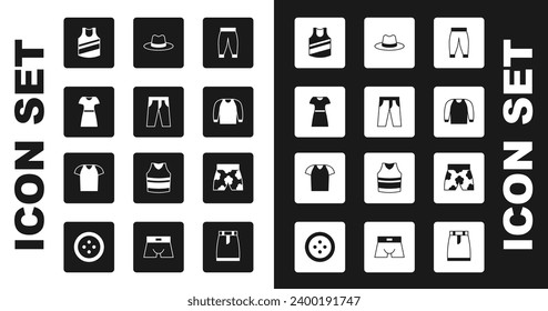 Set Pants, Woman dress, Undershirt, Sweater, Man hat, Swimming trunks and T-shirt icon. Vector