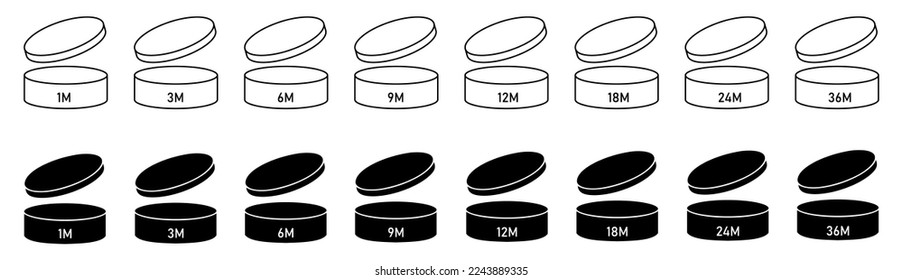 Set of pao cosmetic open shelf life month. Service life or expiry date icons for product packaging. Vector illustration