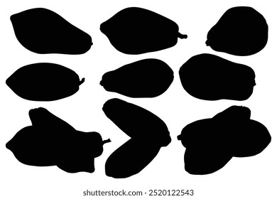 Set of papaya fruit black silhouettes. Simple abstract Papaya fruits vector pattern elements. Hand drawn healthy papaya, papaia, papaw. Ornament for wallpaper, textile fabric or wrapping paper. 