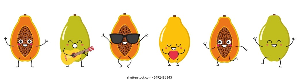 Conjunto de la fruta de la papaya personaje de dibujos animados de saltos de saltos de saltos canta corriendo lindo cara sonriente cara feliz alegría emociones Ilustración vectorial.