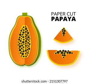 Set of papaya fruit sliced whole in a paper cut style. Papaya slices and paper slices. Vector paper cut poster, banner, design template. Origami art. Vector illustration