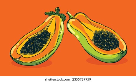 Set of Papaya fruit, Vector illustration in one line sketch style, flat hand drawn sketch, Colorful fruit with shadow and light, isolated on colored background.