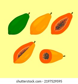 Set of papaya and sliced papayas isolated on white background with cartoon style.