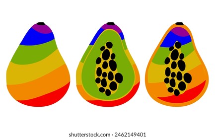 A set of papayas painted in all colors of the rainbow. Individual fruits are color only. A whole and cut fruit. LGBT symbol. Suitable for website, blog, product packaging and more