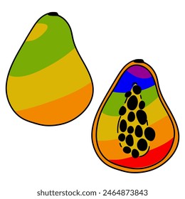 Set of papayas painted inside in all the colors of the rainbow. Individual fruits with contours and color. Whole and cut in different poses. An LGBT symbol. Suitable for website, packaging