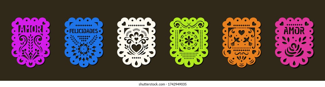 Set von Papel Picado Bannern. mexikanische Girlanden, Fiesta-Partyartikel, Partydekorationen, Ziel-Hochzeitsdekor mit den Worten "AMOR" (Liebe) und "FELICIDADES" (Glückwünsche).