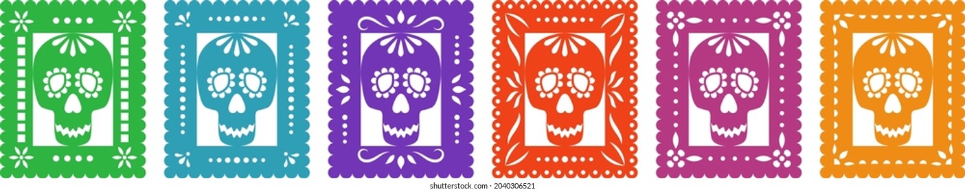 Set von Papel Picado Bannern mit Schädeln. mexikanische Girlanden, Partydekorationen für Dia De Los Muertos.