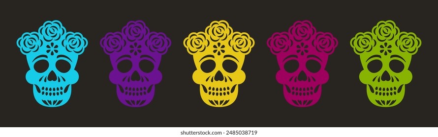 Conjunto de Anuncios Papel Picado con calaveras. Guirnaldas mexicanas, decoraciones de fiesta para el Día De Los Muertos.