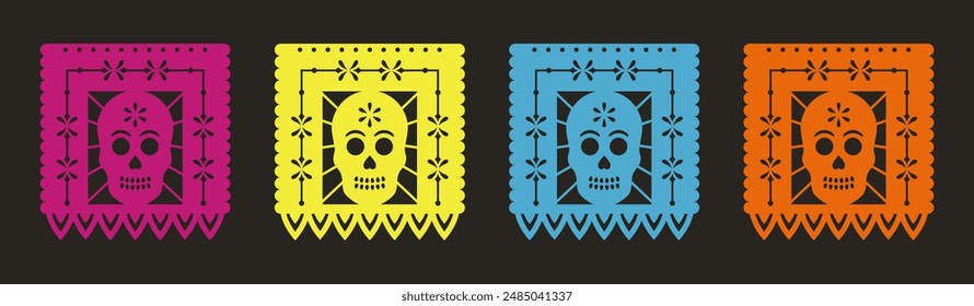 Conjunto de Anuncios Papel Picado con calaveras. Guirnaldas mexicanas, decoraciones de fiesta para el Día De Los Muertos.